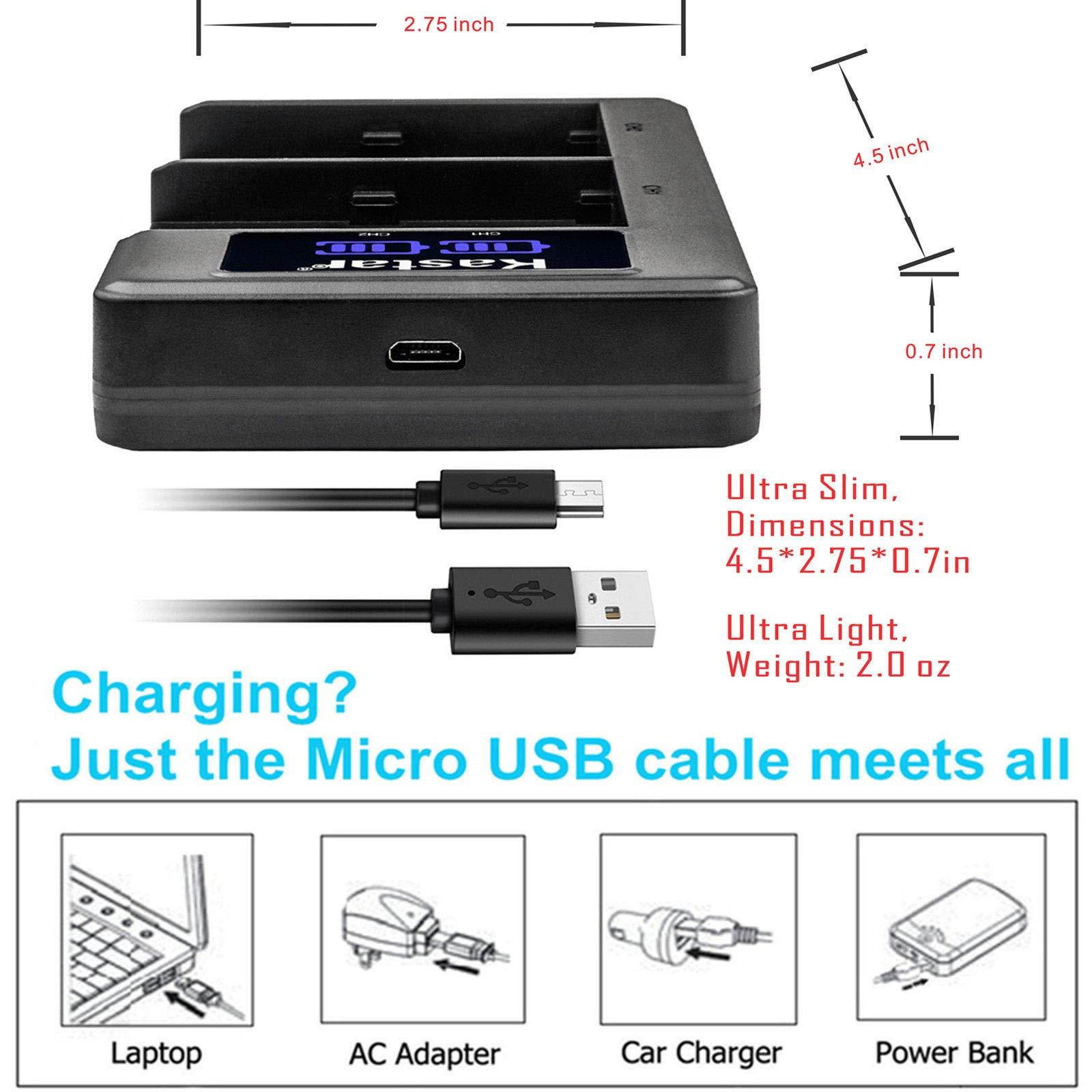 Kastar USB LCD Dual Charger and 4 Pack Battery for Canon LP-E6 LP-E6N, LC-E6 LC-E6E, Blackmagic Design Pocket Cinema Camera 4K, Marshall On-Camera HDMI Monitor, IKAN On-Camera HDMI Monitor
