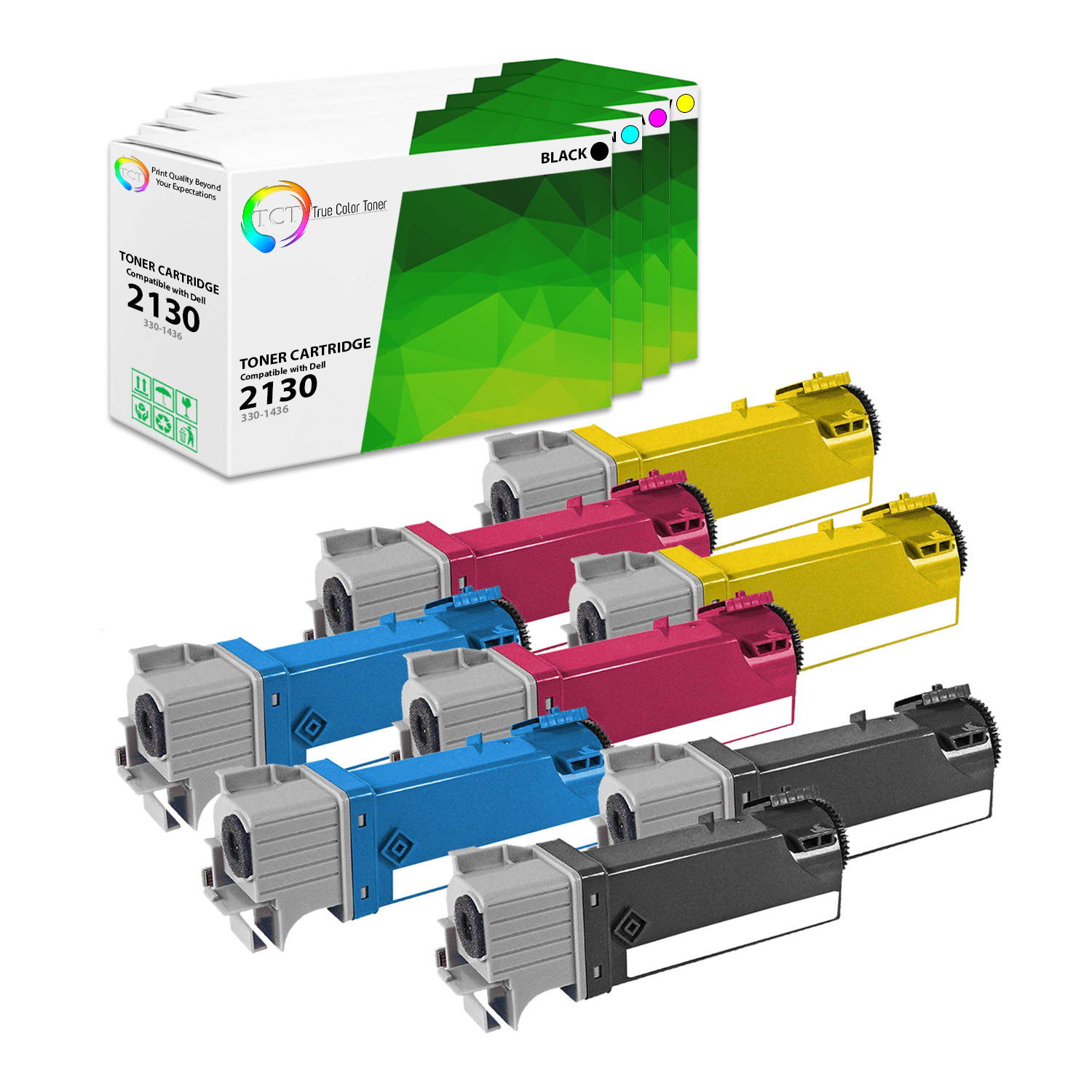 TCT Premium Compatible Toner Cartridge Replacement for Dell 2130CN 2135CN Printers (Black 330-1436, Cyan 330-1437, Magenta 330-1433, Yellow 330-1438) - 8 Pack
