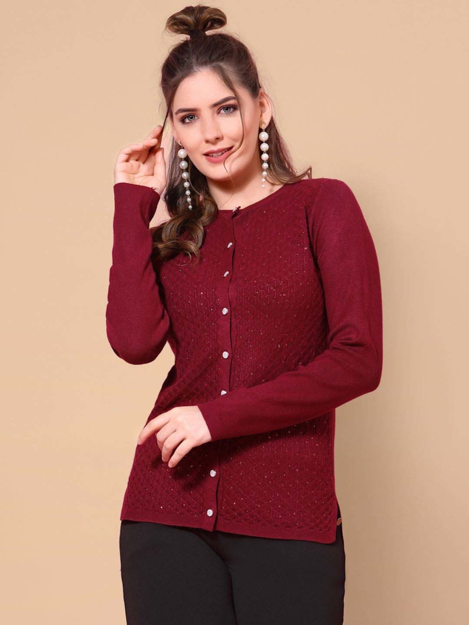 Mafadeny Maroon Embellished Cardigan