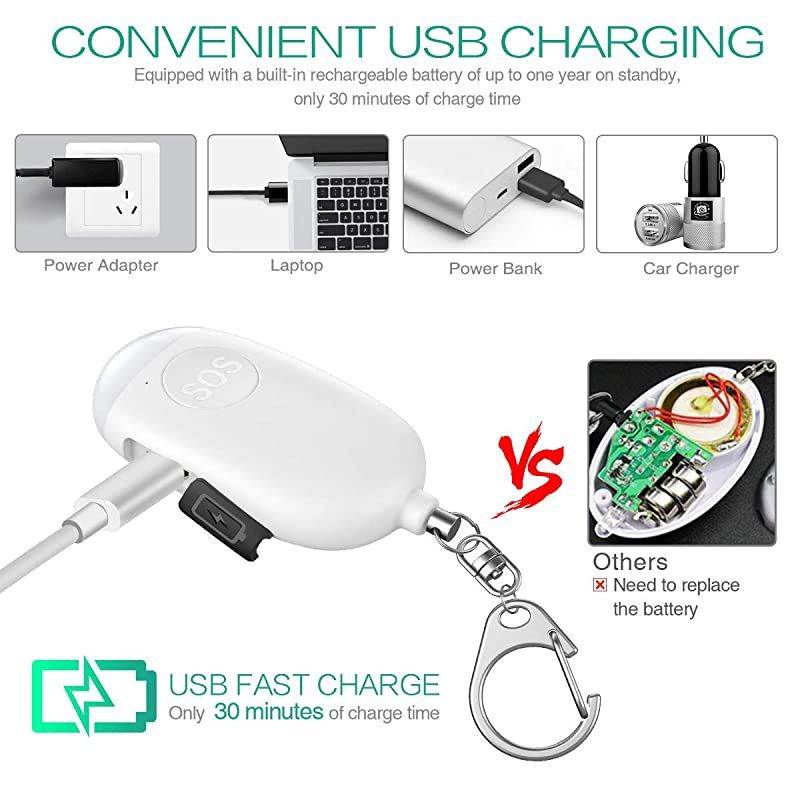 Safe Sound Personal Alarm, Personal Security Alarm Keychain, 130dB Emergency Alarm with LED Light, Supports USB Charging for Women, Children, Elderly, White, 2-Pack