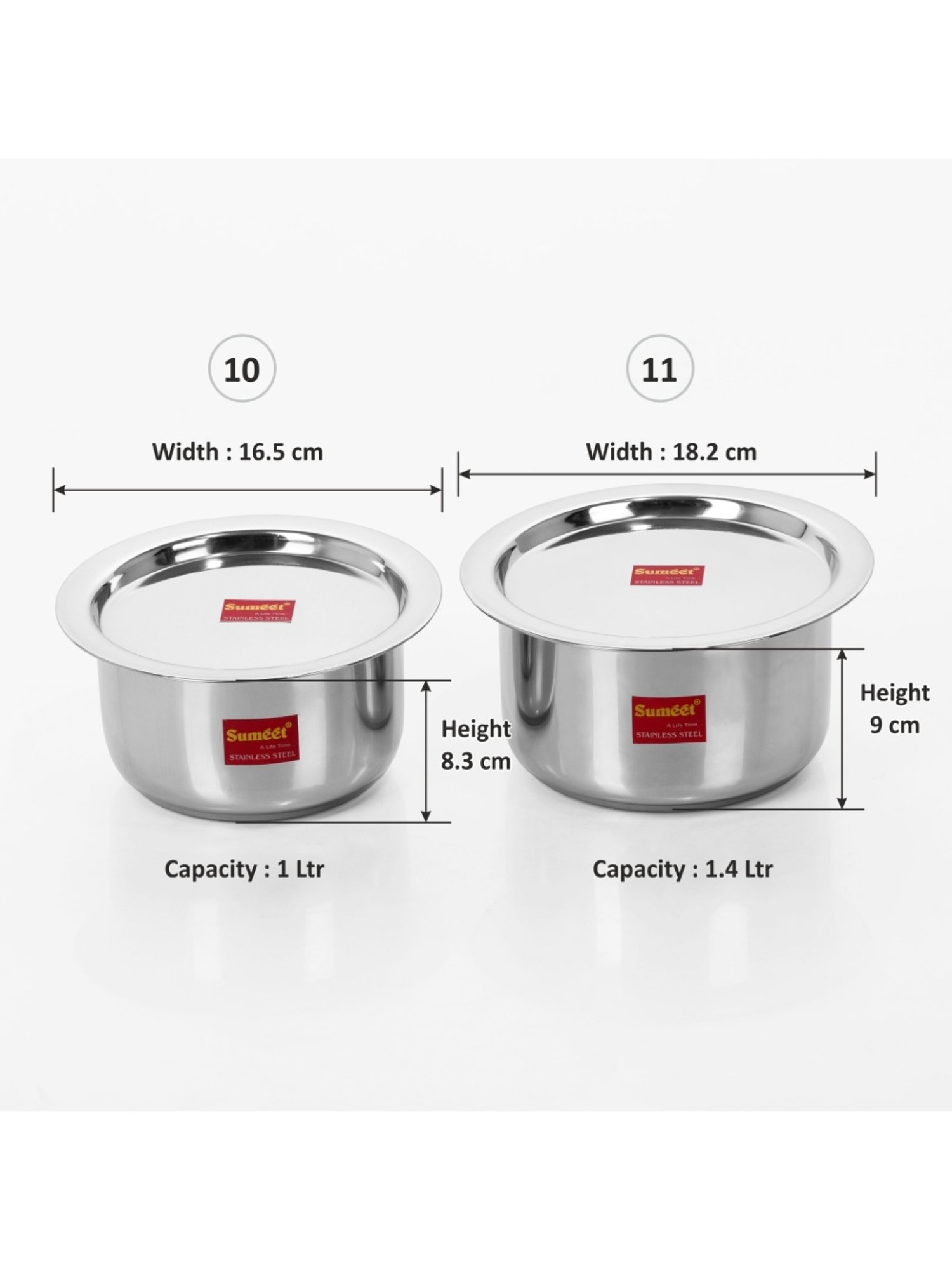 Sumeet 2Pc S.S.Induction&Gas Stove Friendly Container Set/Tope/Cookware Set With Lids Size10 & 11