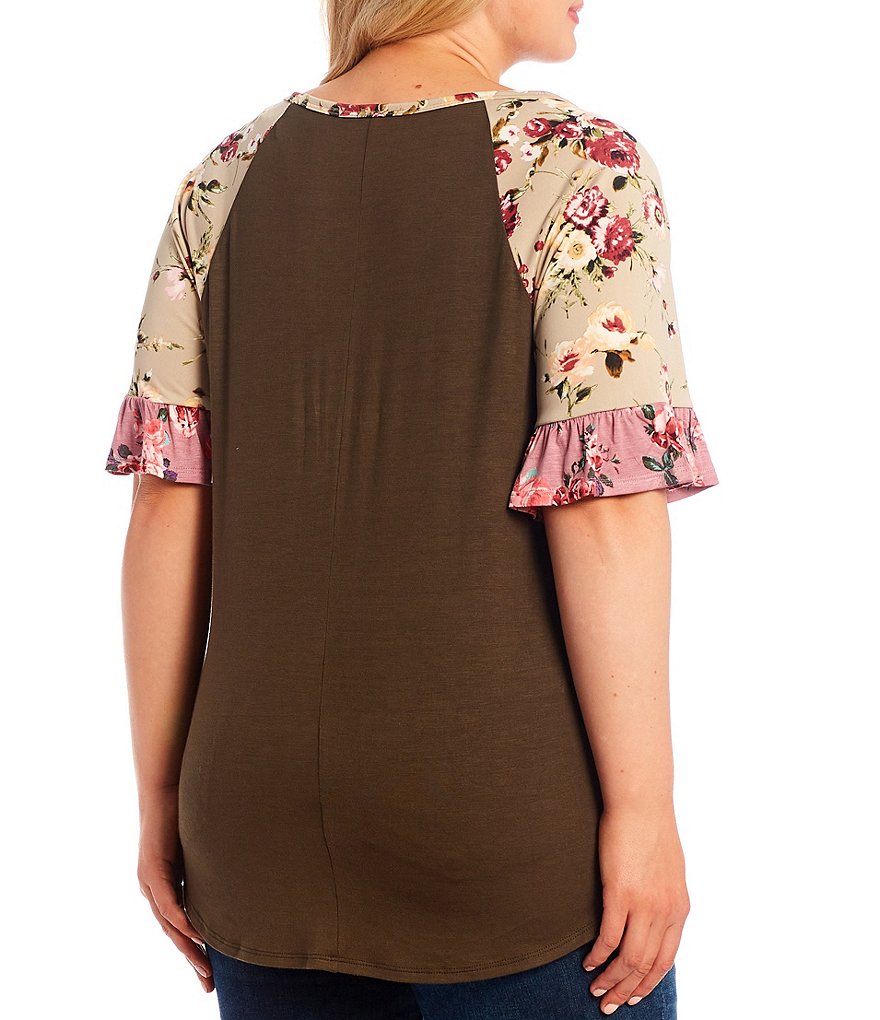 Moa Moa Plus Size Solid Wide V-Neck Floral Contrast Raglan Flutter Short Sleeve Knit Top