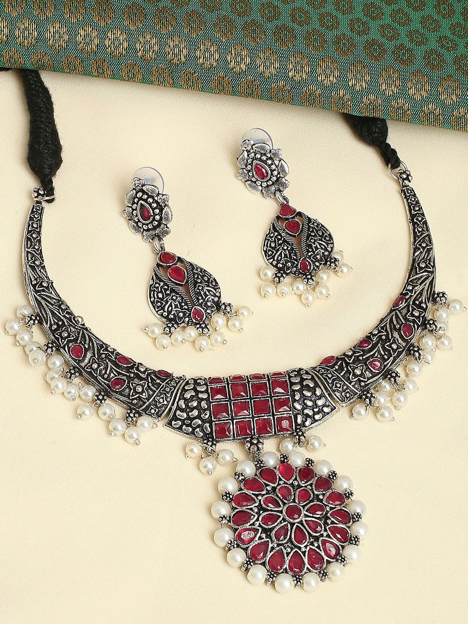 OOMPH Oxidized Silver Look Alike Maroon Stone StoneChoker Necklace Set with Drop Earrings