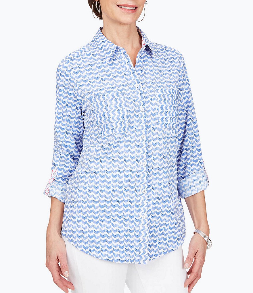 Foxcroft Zoey UPF 50+ Chic Chevron Button Front Shirt