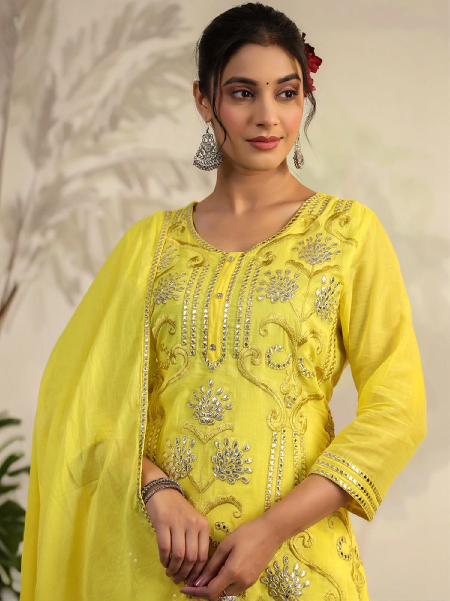 SCAKHI Royal Yellow Cotton Embroidered Kurti Sharara Set With Dupatta
