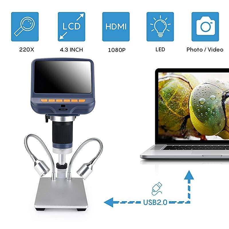 4.3 inch Digital USB Microscope 220X Magnification with Remove Control & 2 Fill Light,1080P LCD Screen Camera Video Recorder for Electronics Repair Circuit Board Soldering Coin