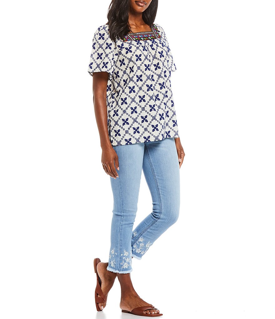 JEN7 by 7 for All Mankind Embroidered Frayed Hem Straight Leg Ankle Jeans