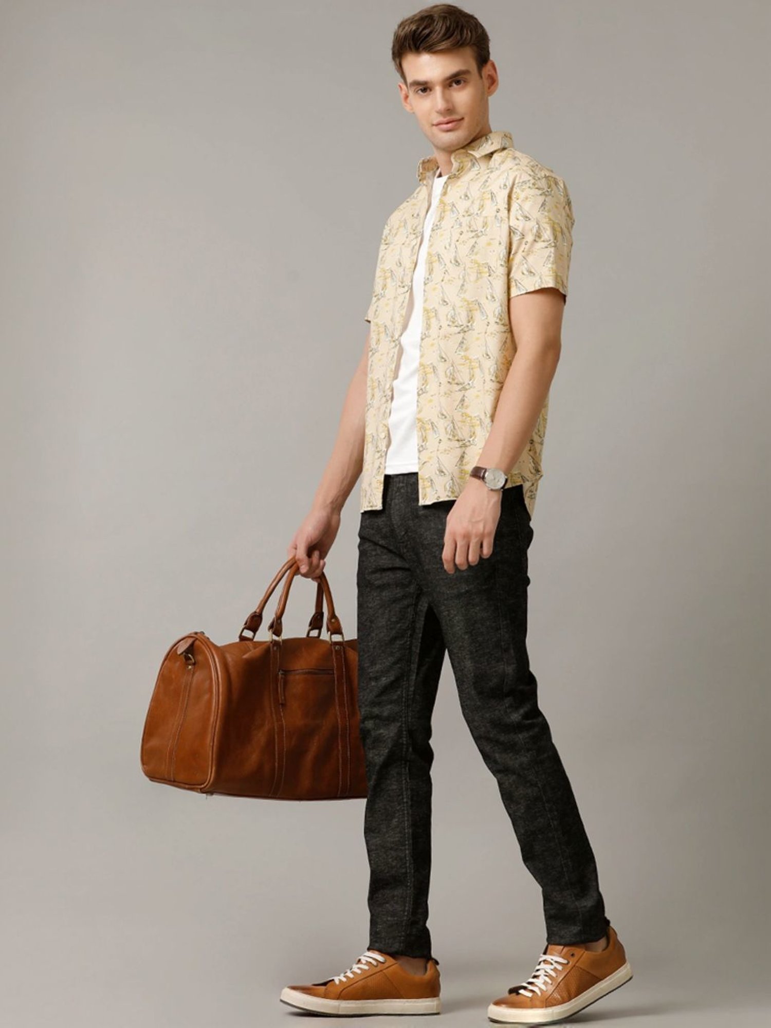 Cavallo By Linen Club Yellow Linen Contemporary Fit Printed Shirt