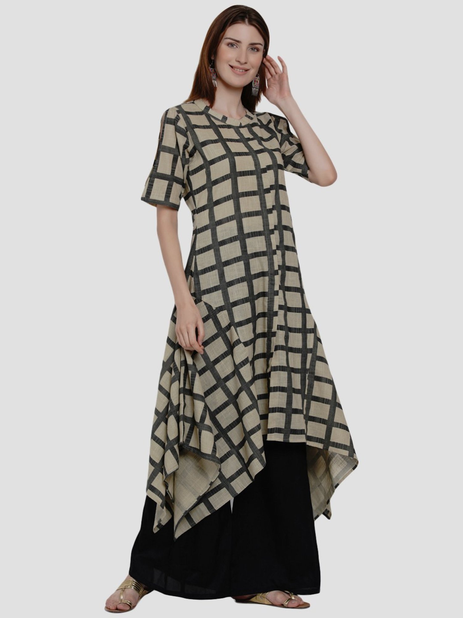 Women Republic Beige Cotton Chequered A Line Kurta