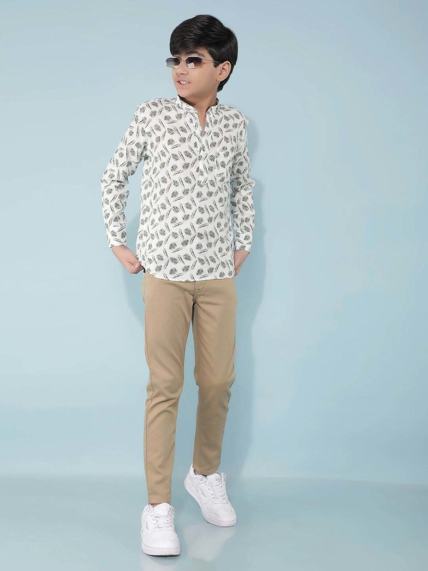 Crimsoune Club Boys Olive Floral Full Sleeves Kurta