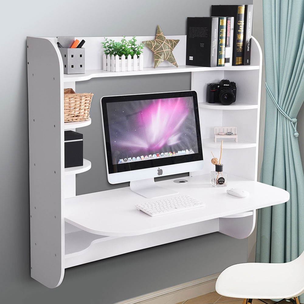 Wall Mounted Floating Computer Desk Wooden Hanging Table Workstation with Storage Shelves Study