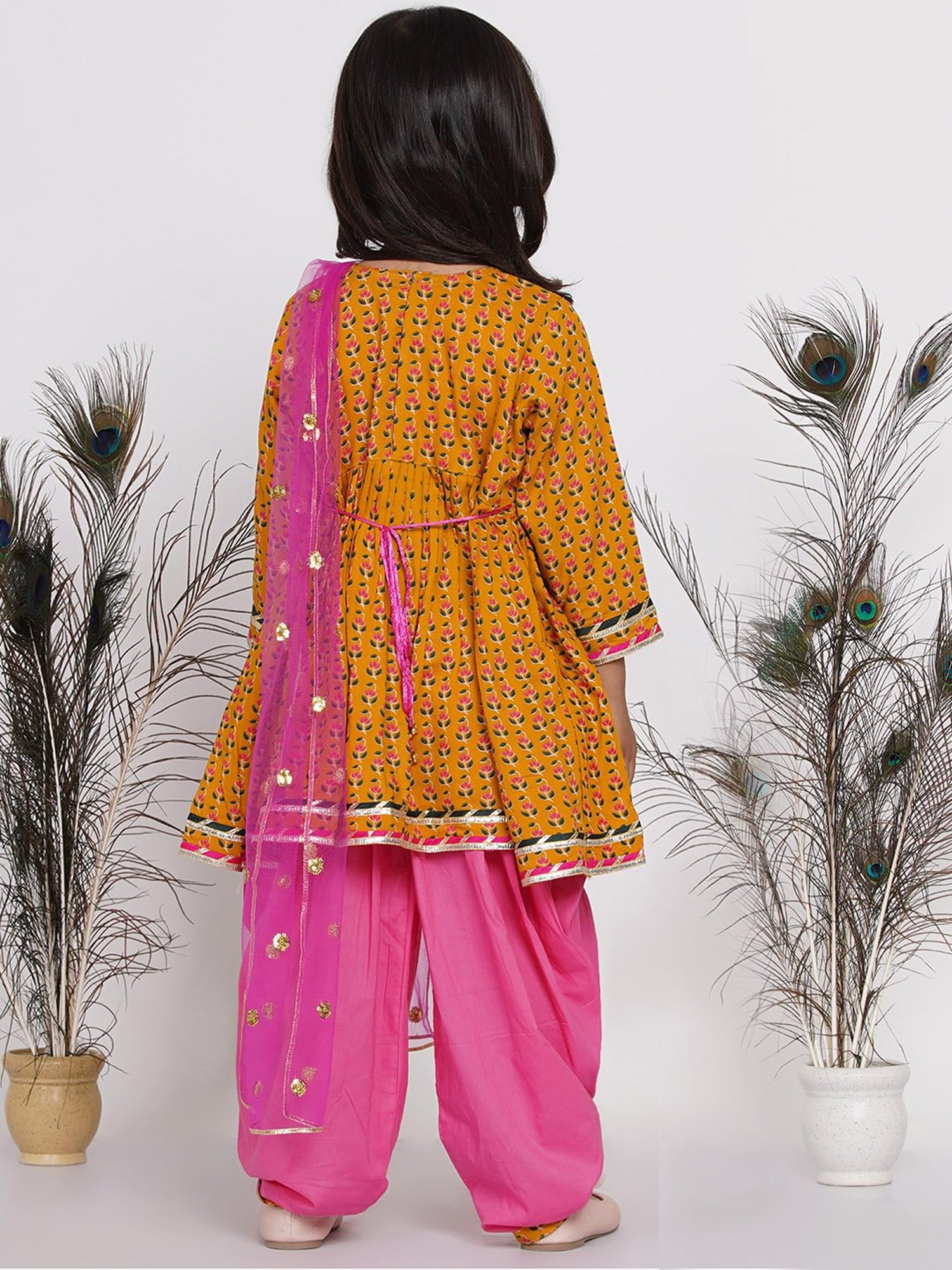 Little Bansi Kids Yellow & Pink Printed Kurta Frock with Salwar & Dupatta