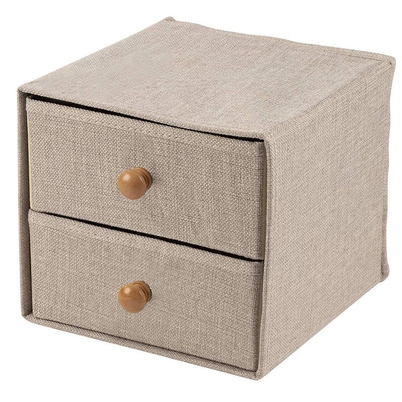 2-Tier Collapsible Fabric Drawer Storage Bins, Closet Clothes Dresser Underwear Organizer Box with Wood Knobs 9"x8.7"x8", Gray