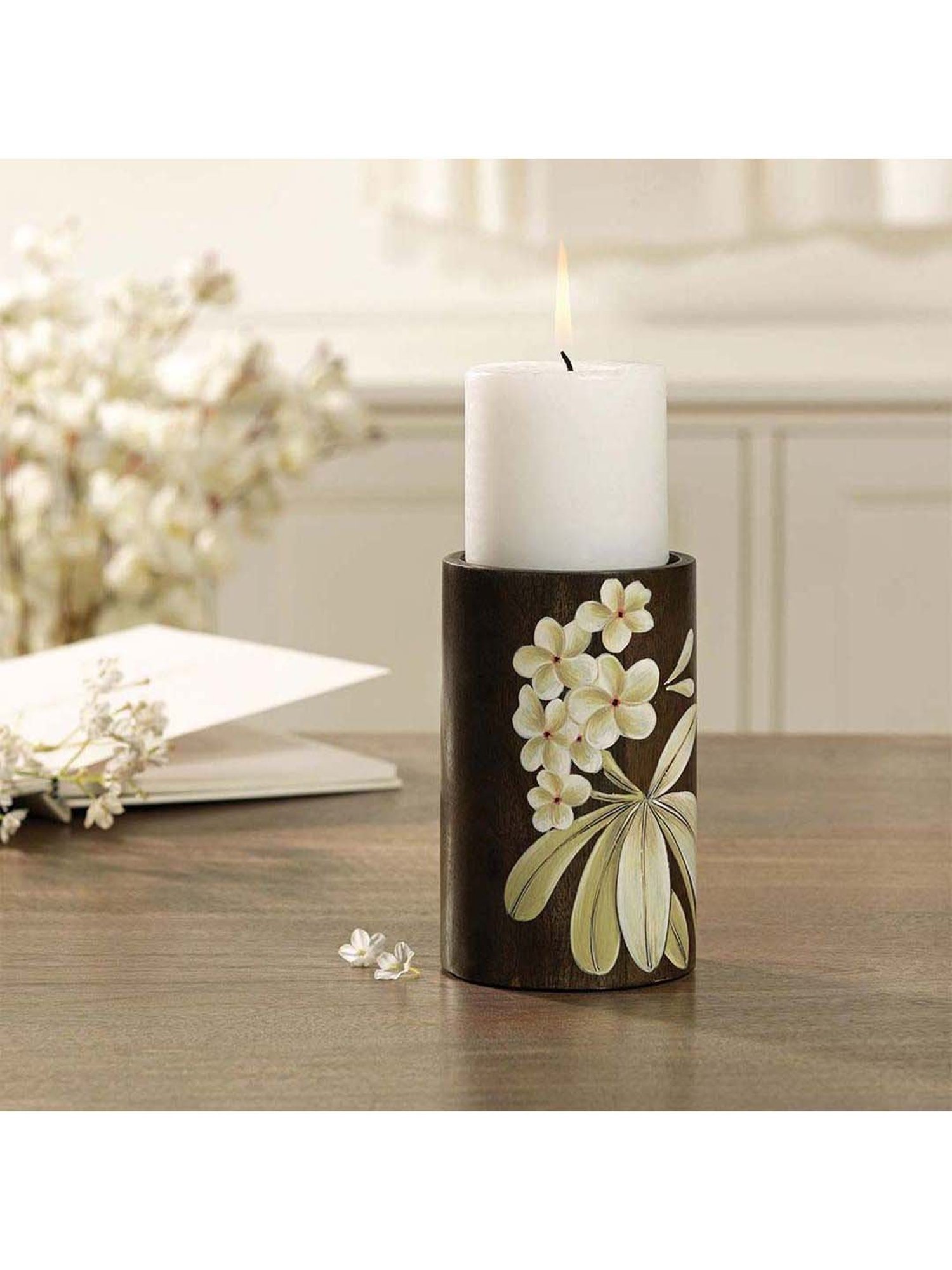 Ellementry Frangipani Wooden Candle Holder (6 Inch)