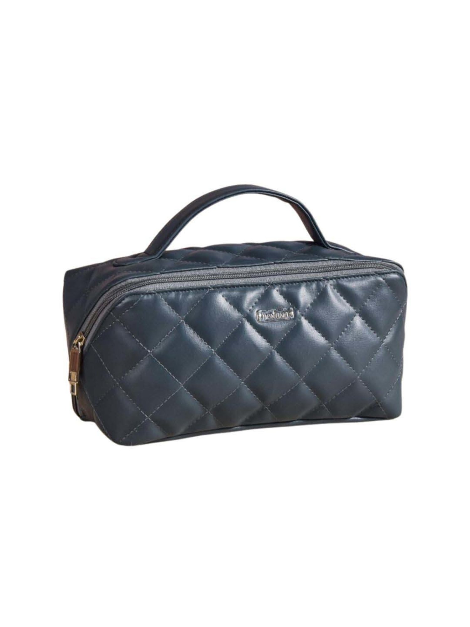 Nestasia Quilted Vegan Leather Blue Color Diagonal Zipper Cosmetic Bag with Multiple Pockets