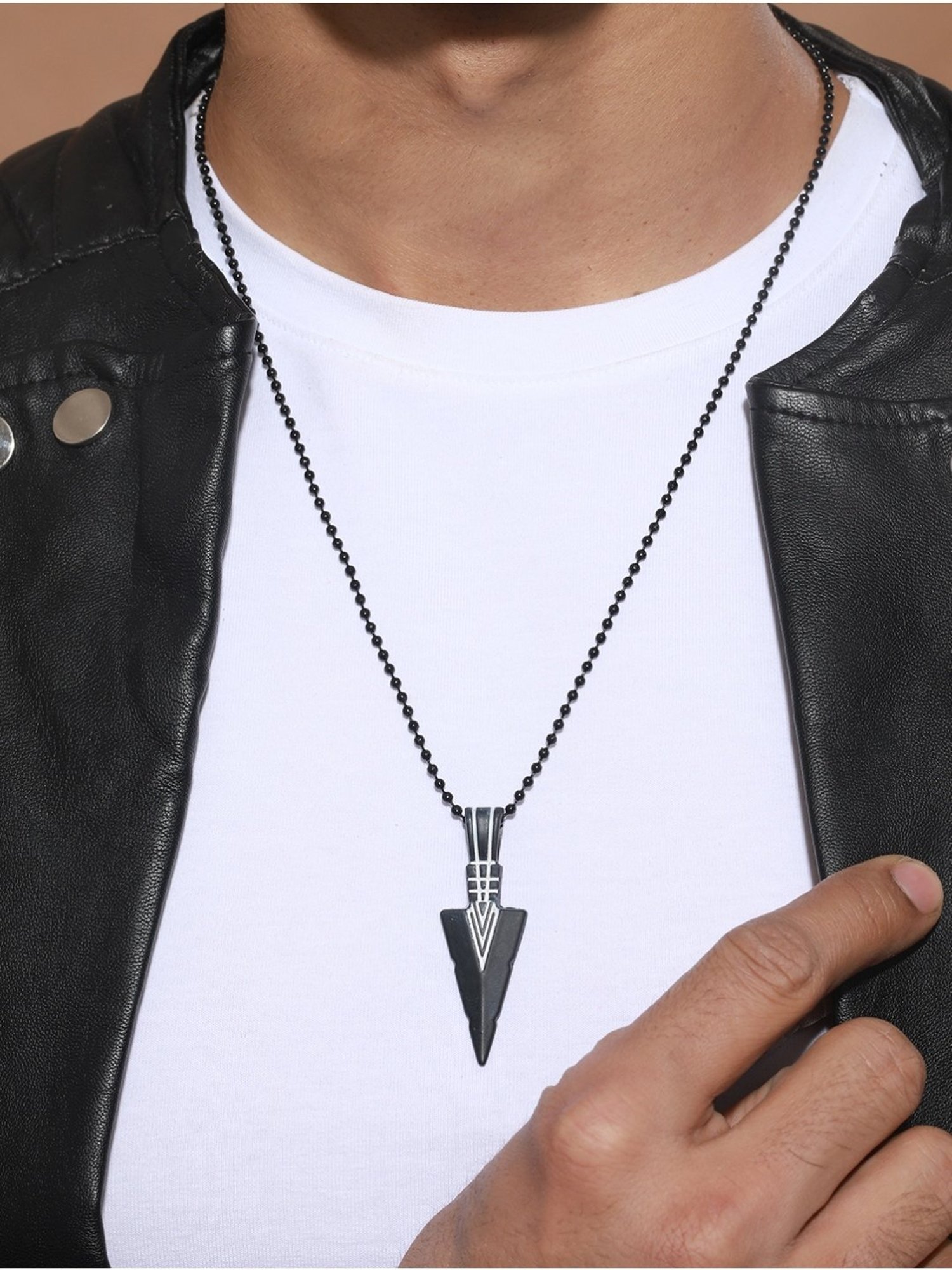 Bold by Priyaasi Black Beaded Chain with Striped Triangular Pendant