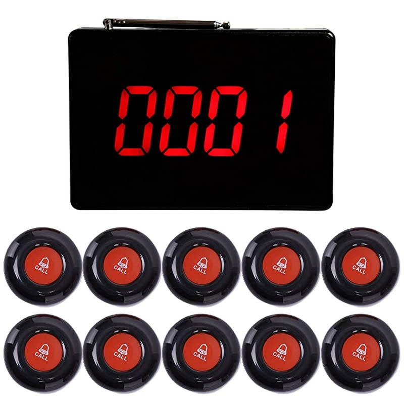 Wireless Calling System Customers Patient Pager System with 10 PCS Waterproof Call Buttons and 1PC Display Receiver for Restaurant Clinic Nursing Home Caregiver