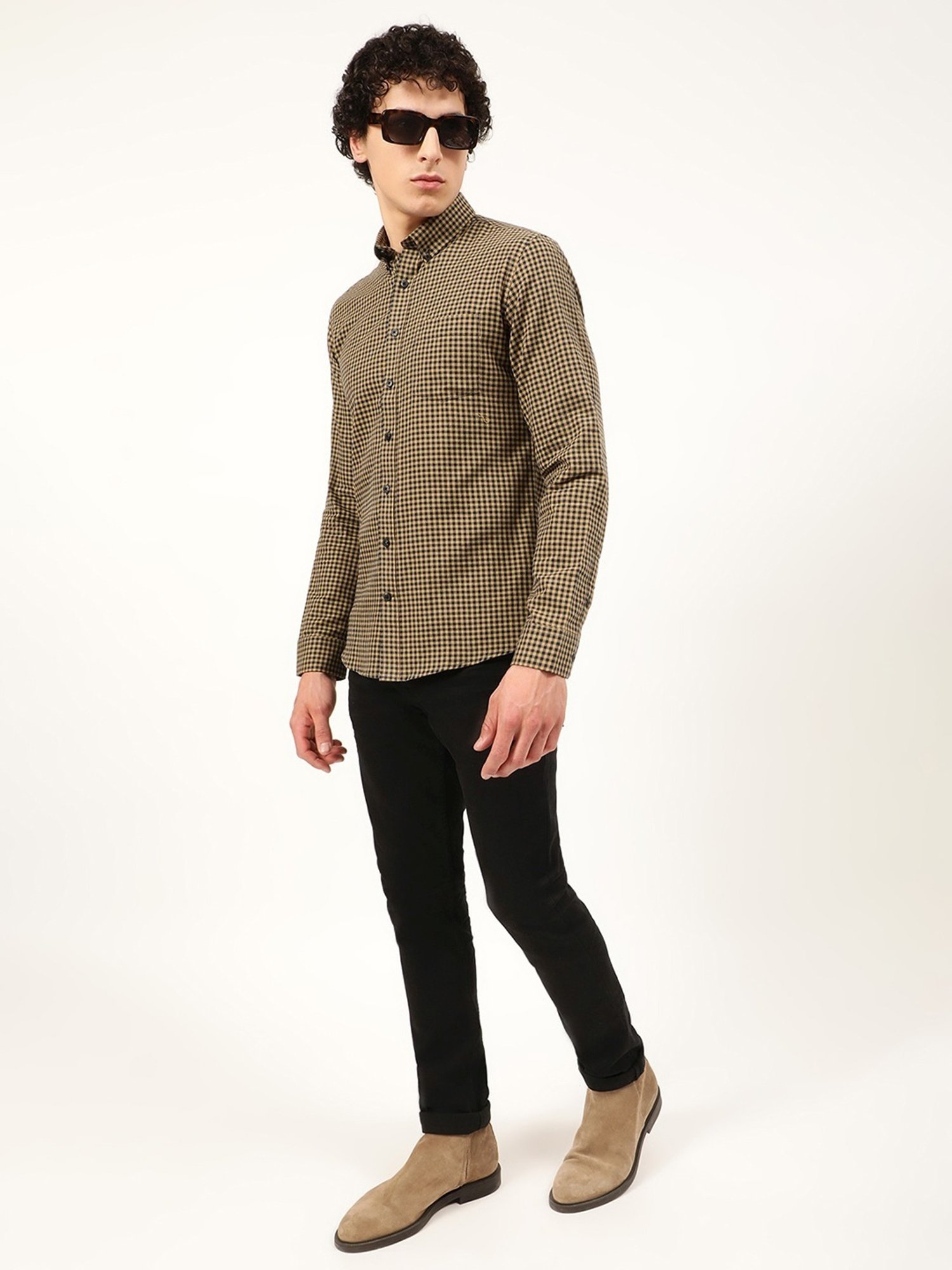 Lindbergh Mid Brown Cotton Slim Fit Checks Shirt