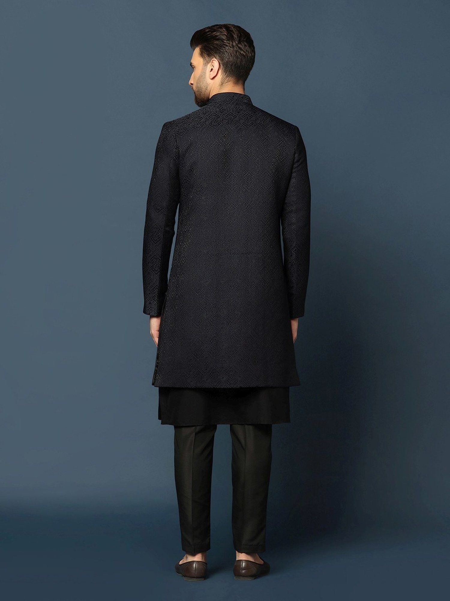KISAH Navy Cotton Regular Fit Self Pattern Sherwani Set