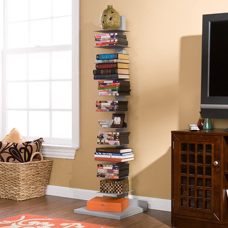 SEI Furniture MS0895 55 Inch Freestanding Adjustable 11 Tier Modern Metal Spine Tower Book Media Shelf Decor Organizer Storage Case, Silver