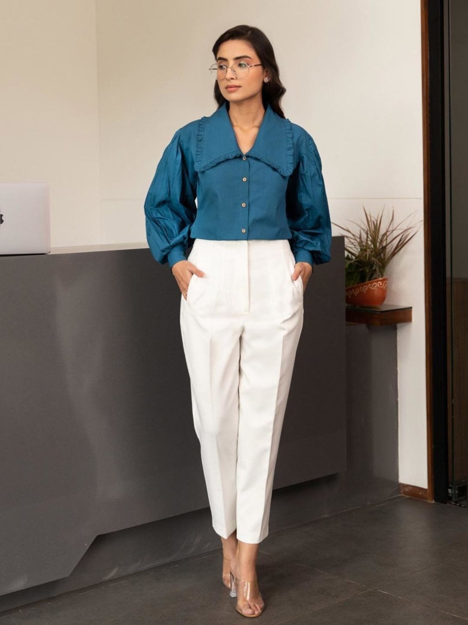 BInfinite Prussian Blue Baloon Sleeve Shirt and White Trousers