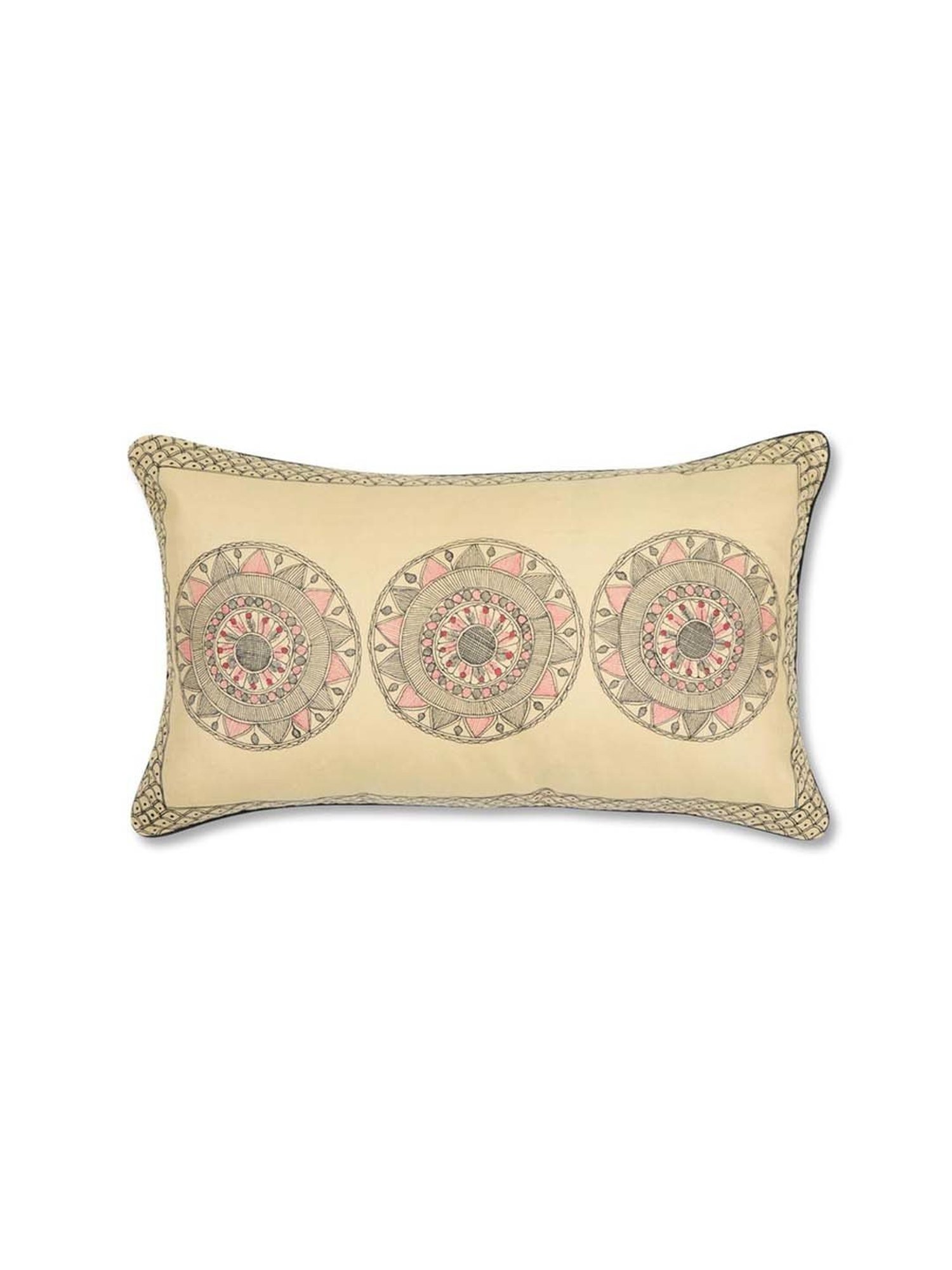 Fabindia Home Madhubani Beige & Black 110 GSM Viscose Silk Cushion Cover