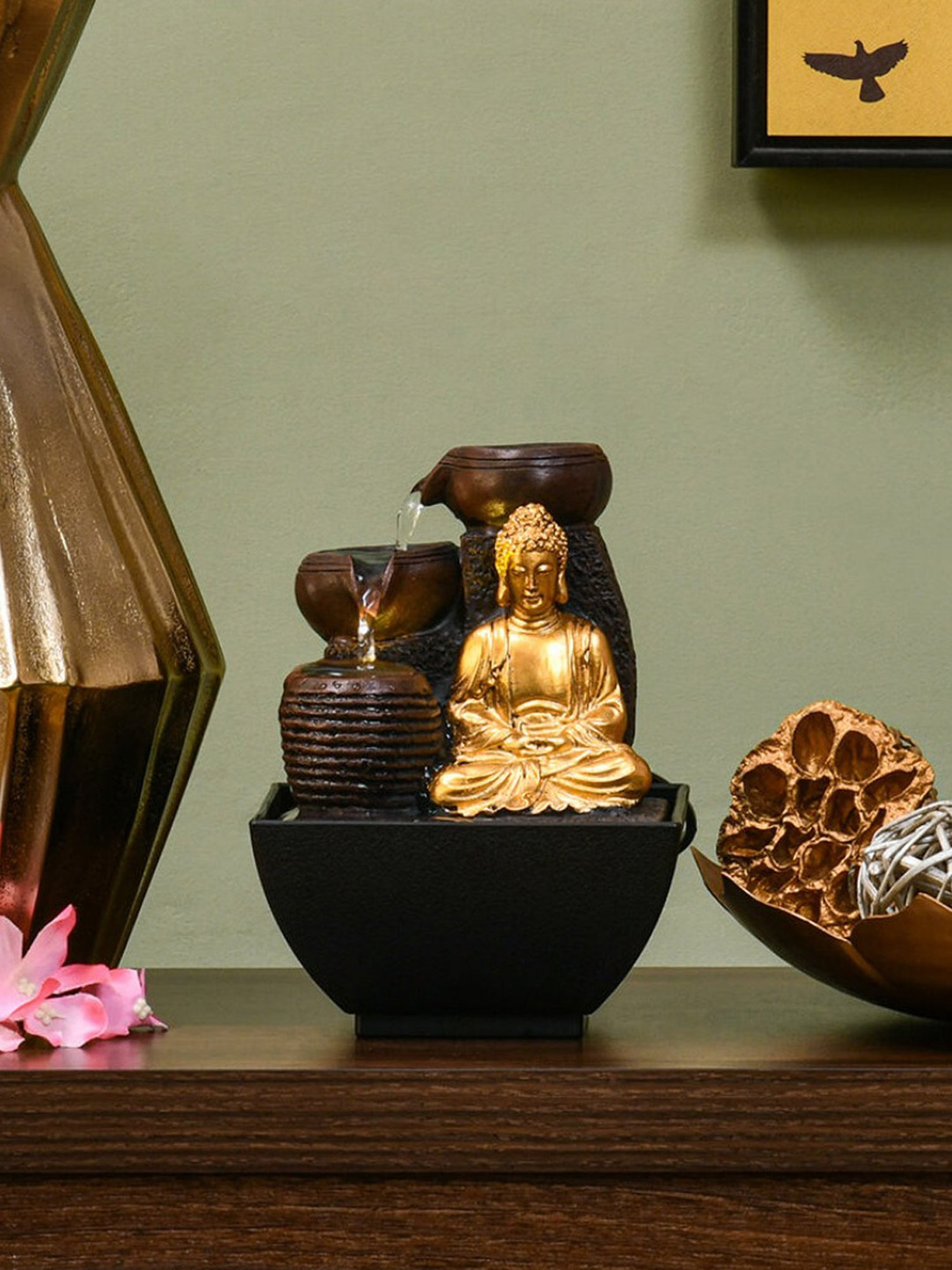 @home by Nilkamal Gold & Brown Resin Meditating Buddha Decorative Water Fountain