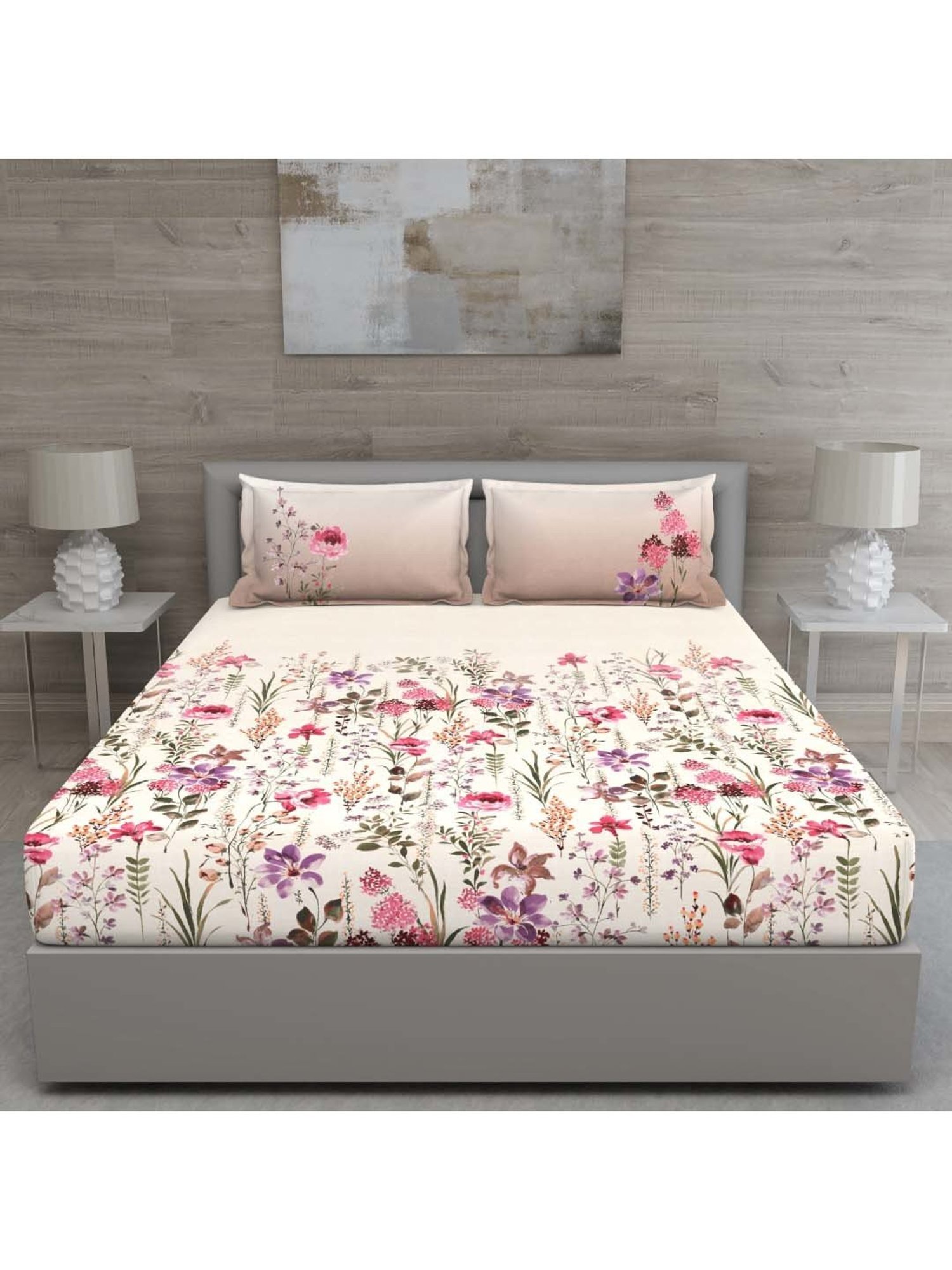 GM 'Matthiola' Pink & Purple Cotton 150 TC Double Bedsheet with 2 Pillow Covers