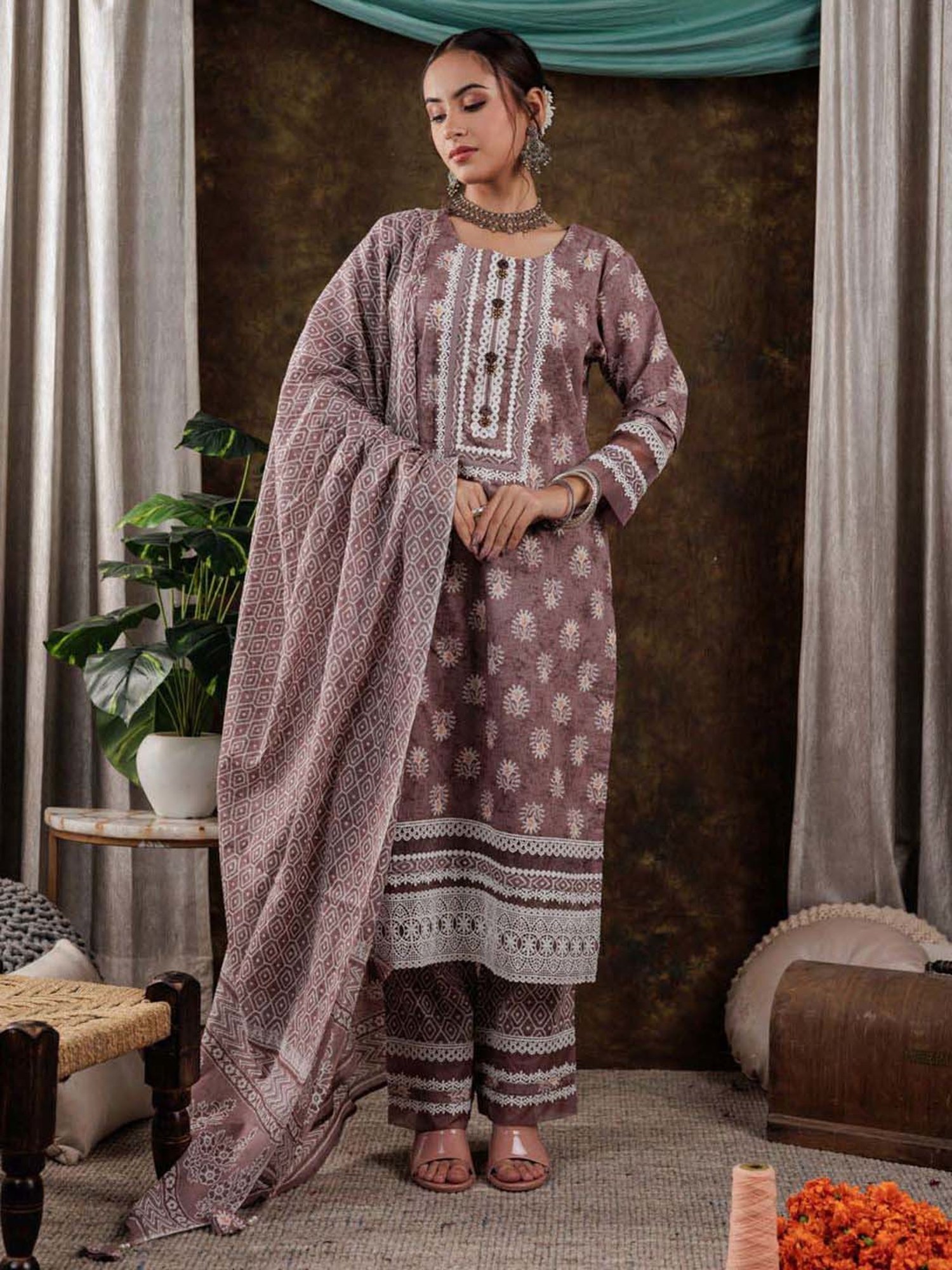 Yufta Purple Cotton Printed Kurta Pant Set With Dupatta