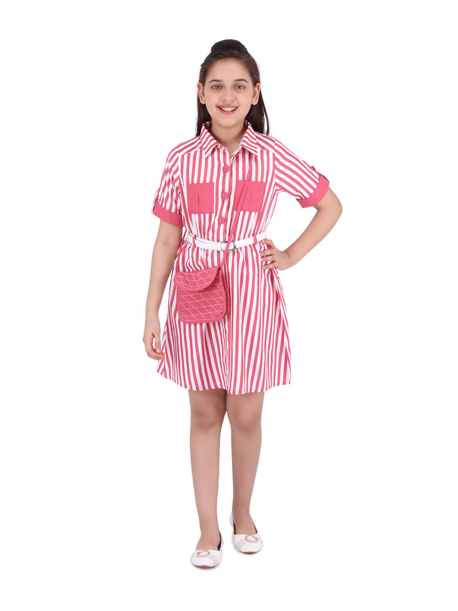 Cutecumber Kids Red & White Striped Dress, Belt with Sling Bag