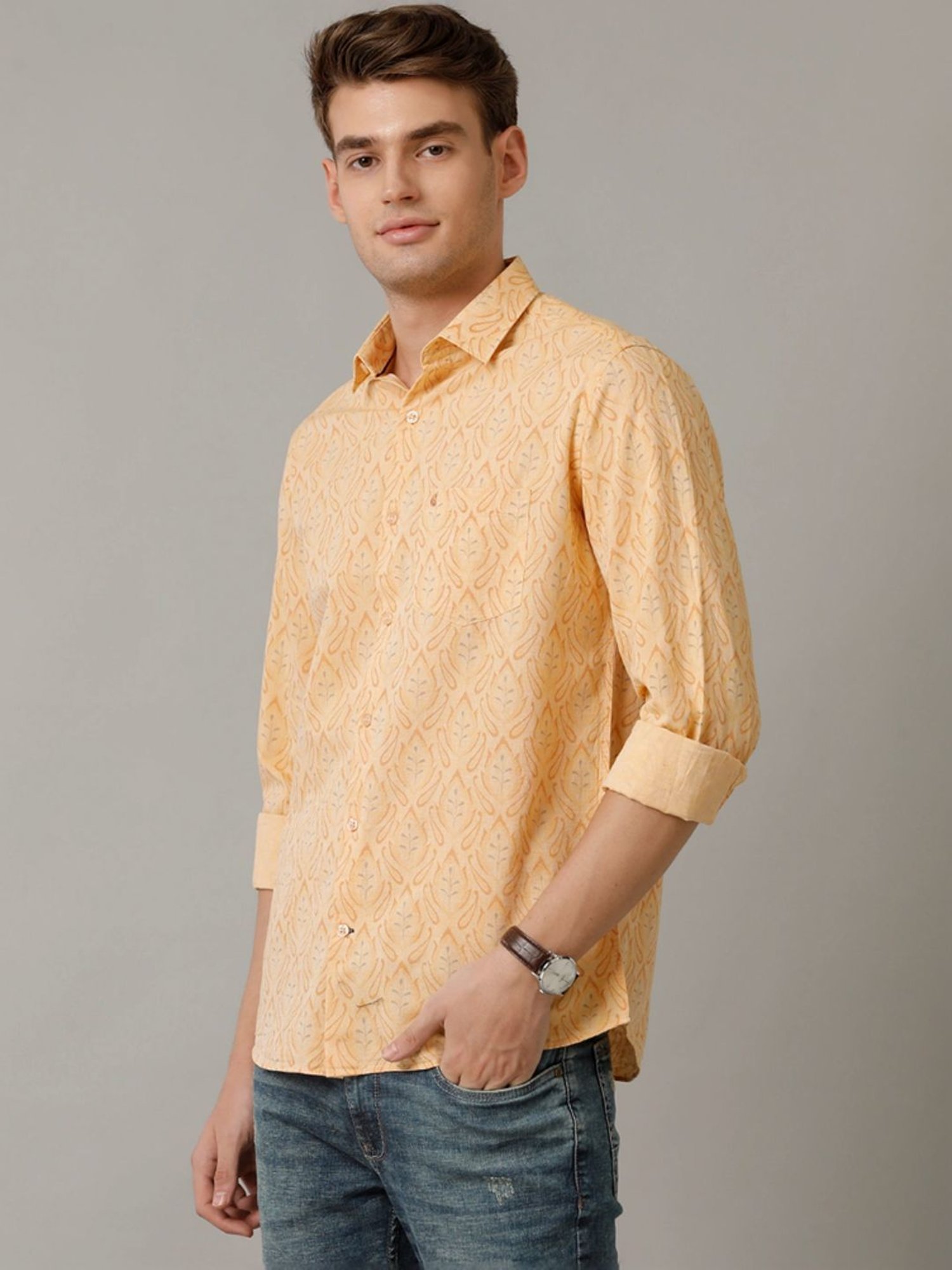 Cavallo By Linen Club Orange Linen Contemporary Fit Printed Shirt