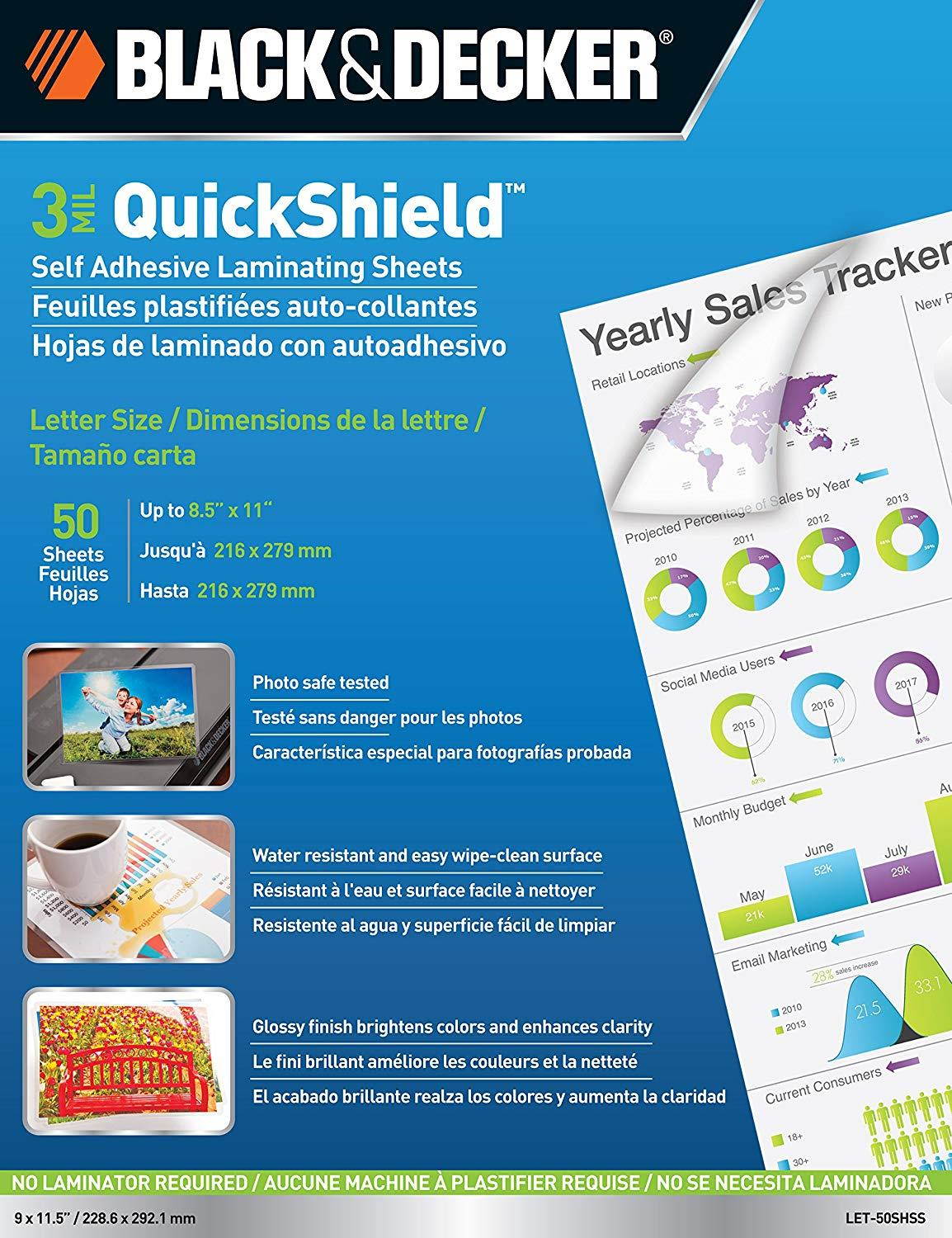BLACK + DECKER QuickShield  Self-Adhesive Letter Size Laminating Sheets, 3-mil, 50 Pack (LET-50SHSS)
