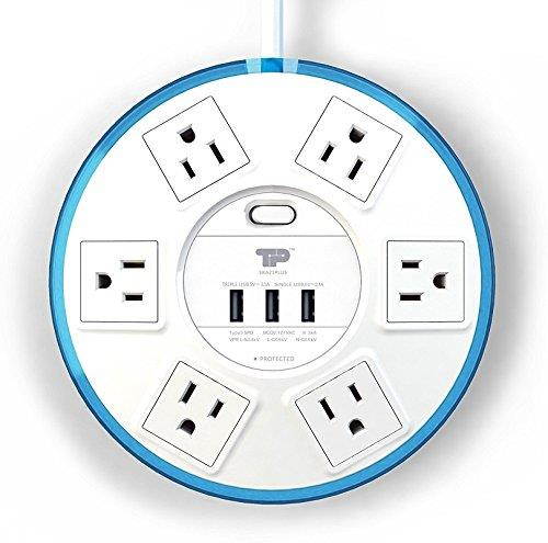 TP UFO Slim Design 6-Outlet Clear-Blue Round Power Center, 3 Quick Charging USB Ports, 4-Ft Heavy Duty Power Cord, Tabletop Surge Protector EMI-/RFI-Filter UL Listed (SRA21PLUSX2) 2Pcs