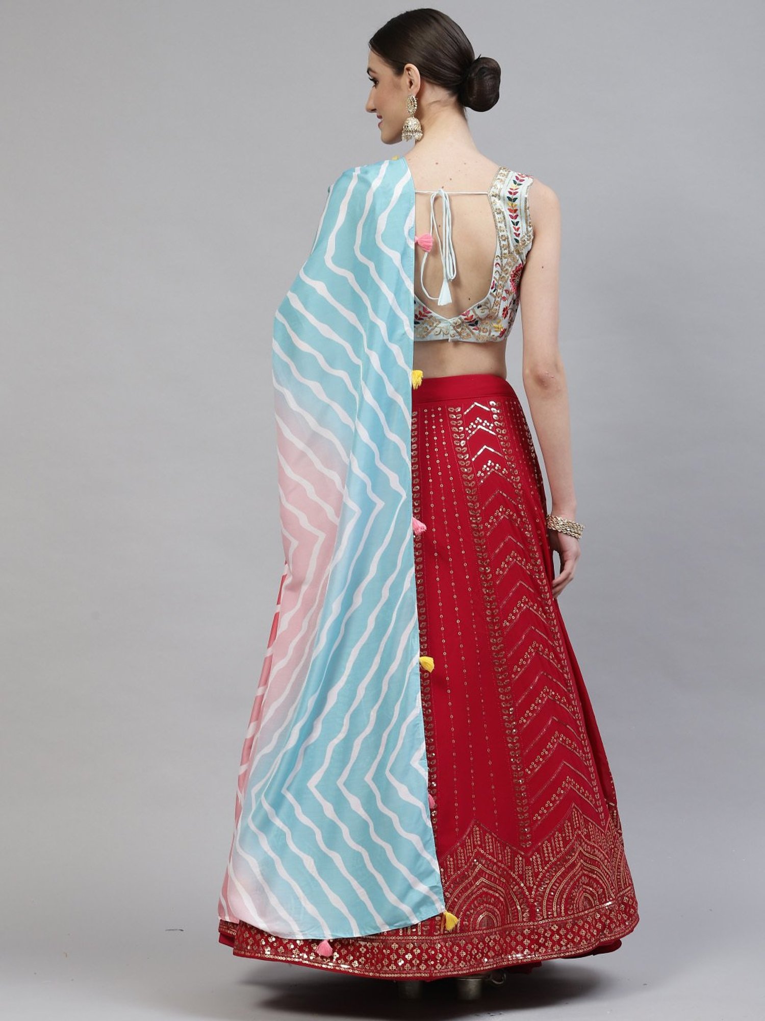 SHUBHKALA Red Embellished Lehenga and Choli Set With Dupatta