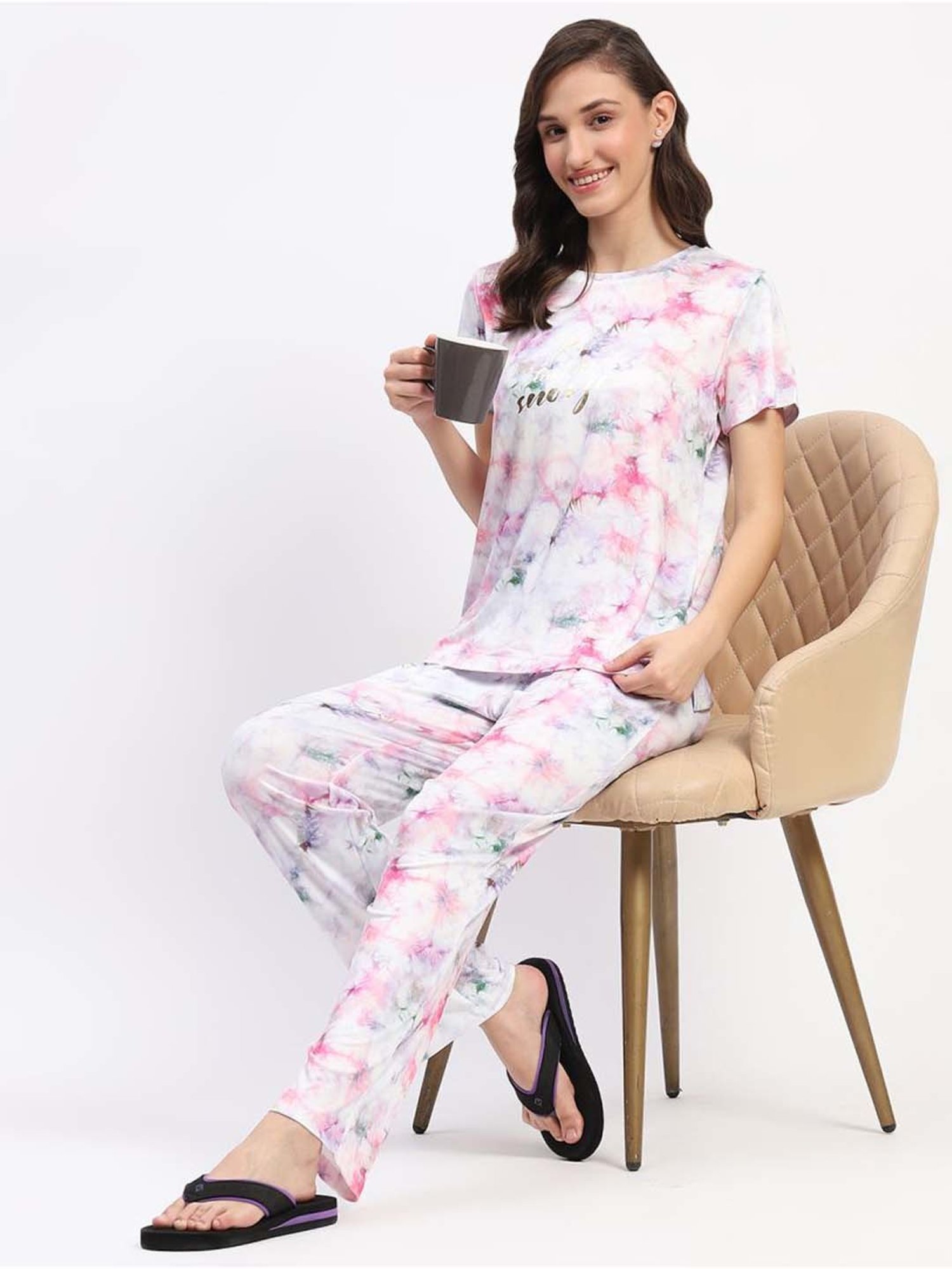 MADAME M Secret Pink Printed T-Shirt Pyjamas Set