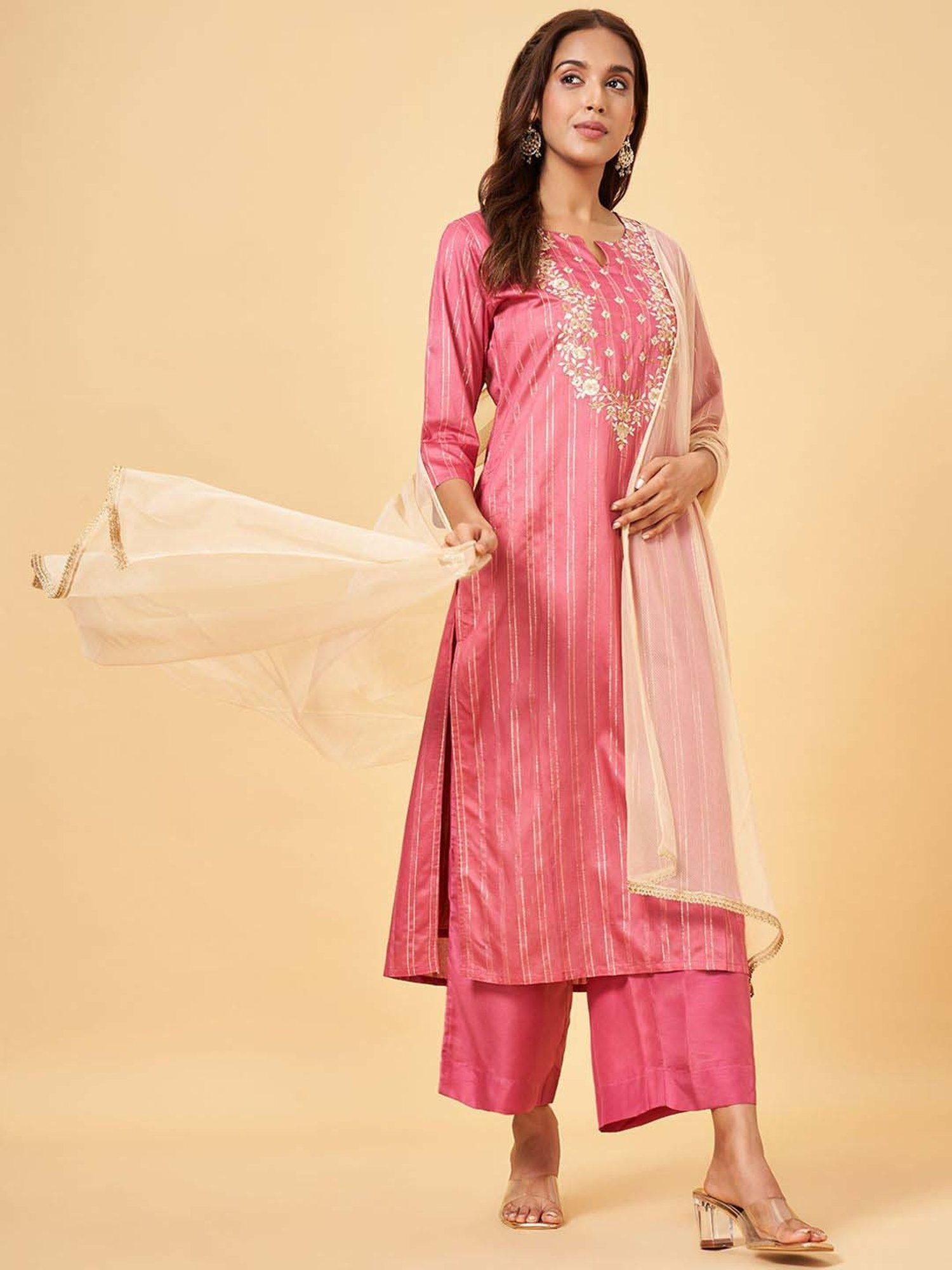 Rangmanch by Pantaloons Pink Cotton Embroidered Kurta Palazzo Set With Dupatta