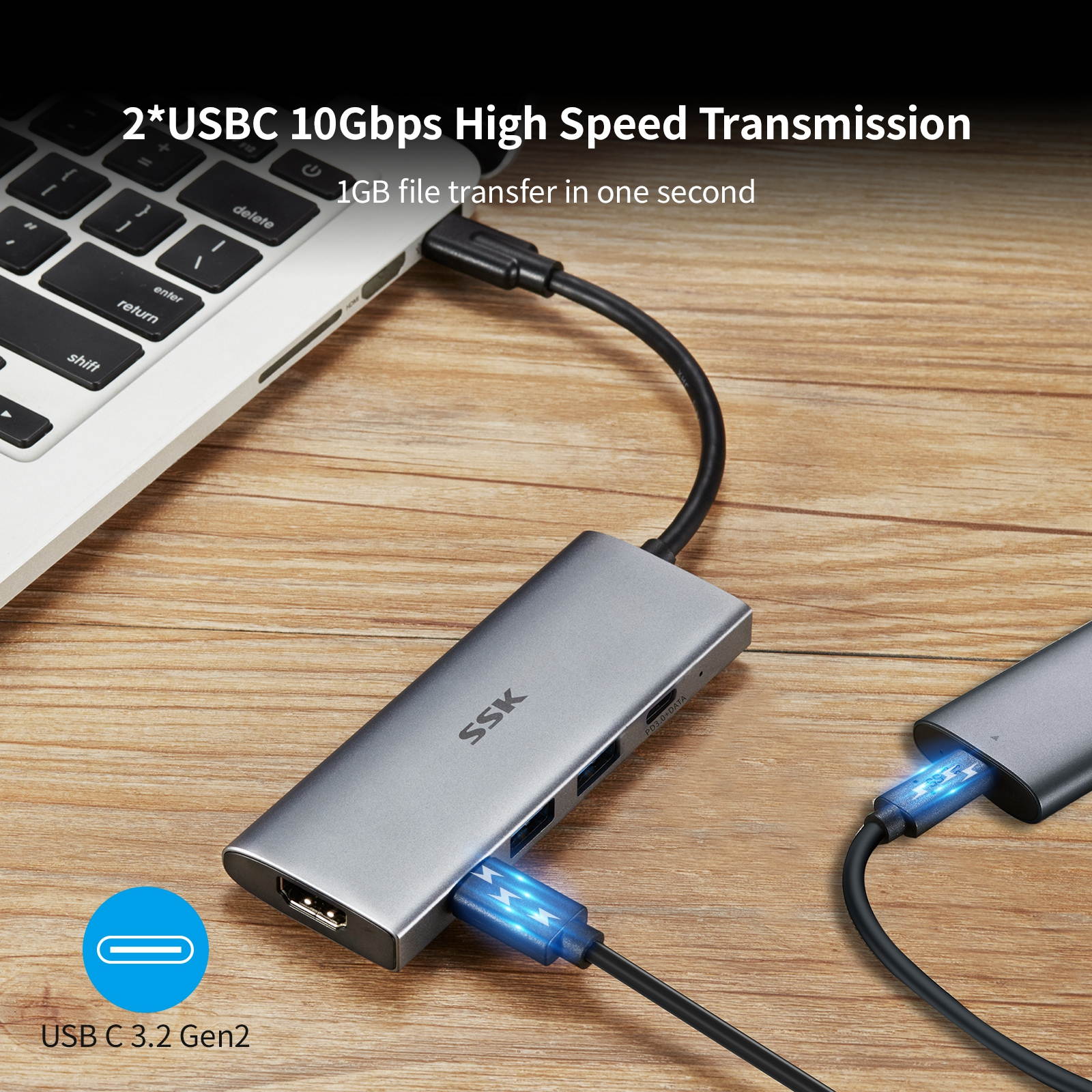 SSK 10Gbps USB C Hub, 5-in-1 SuperSpeed 10Gbps Type C Multiport Adapter with 2 USB C(1 PD3.0 Powered), 2 USB A 3.1/3.2 Gen2 10Gbps,4K HDMI USB C Dock for iMac/MacBook/Pro/Air/Surface Pro and More
