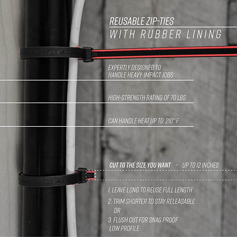 Releasable ReUsable Zip Ties Industrial Grade Extra Grip Rubber Lined Durable 12 Inches Long 40 Red