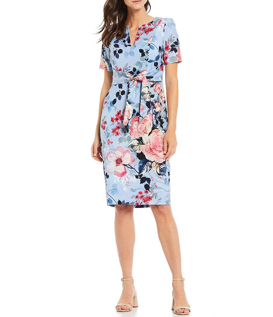 Adrianna Papell Floral Printed Split V-Neck Tie Front Sheath Dress