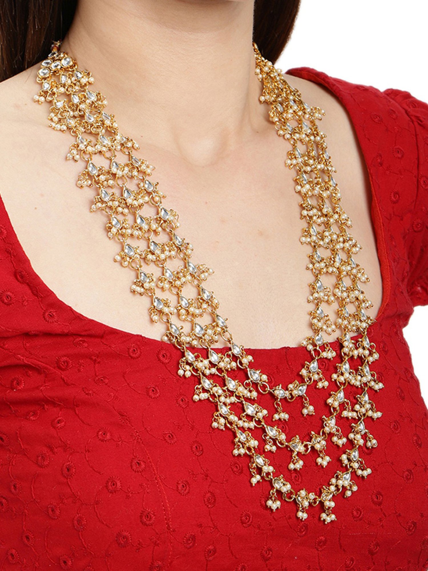 Zaveri Pearls Clear & Pearl White Alloy Necklace & Earring Set