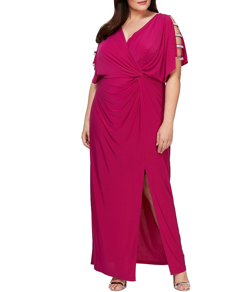 Alex Evenings Plus Size V-Neck Embellished Short Sleeve Knot Front Stretch Matte Jersey Gown