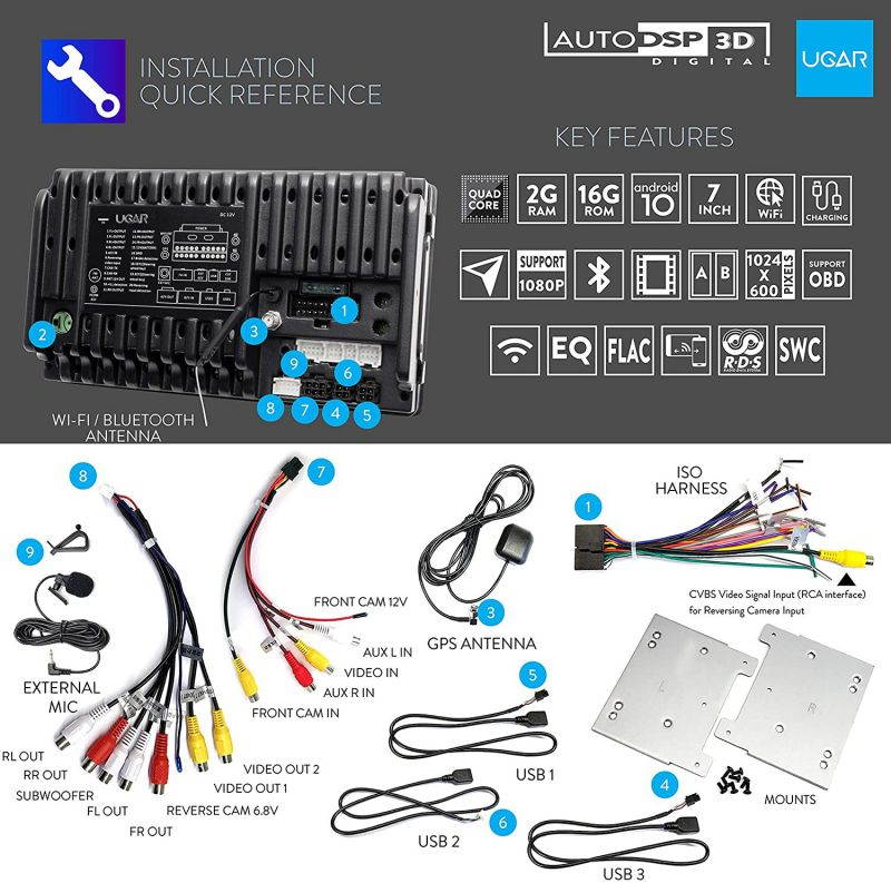 UGAR EX10-DSP 7" Android 10.0 Car Stereo 2GB 16GB with Front & Rear View Camera Head Unit Bluetooth WiFi Double Din Radio Car Audio Indash GPS Navigation Touch Screen