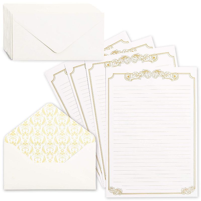 Paper Junkie 60-Pack Vintage Stationery Paper & Envelopes Letter Set, Classic Gold Foil Border Lined Paper, 8.5 x 11 inches