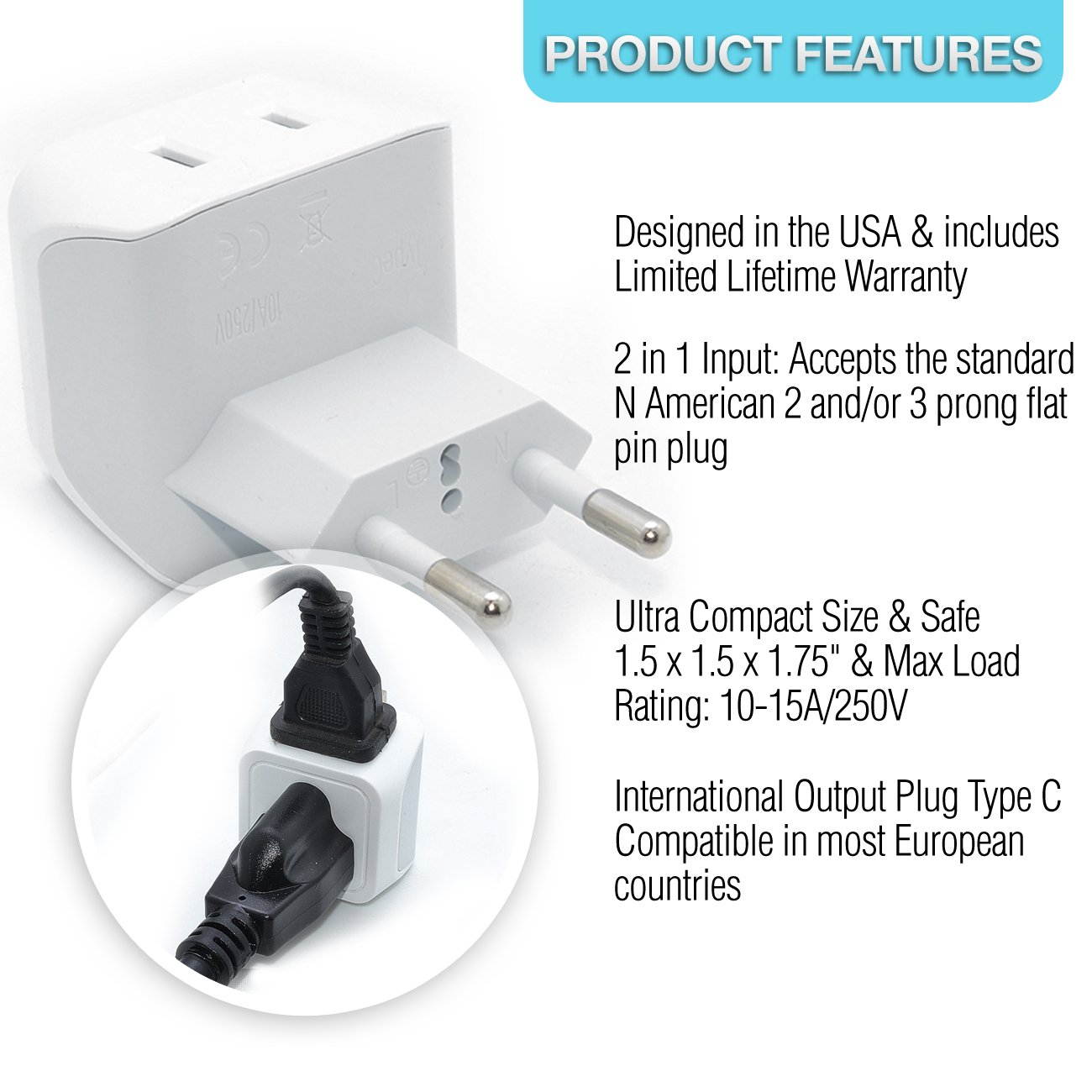 Ceptics European Travel Adapter Set - 2 In 1 USA to Europe, Germany, England, Spain, Italy, Iceland, France, (Type G, E/F, Type C) - 3 Pack, Safe Grounded Perfect for Cell Phones, Laptops (CT-EU-SET)
