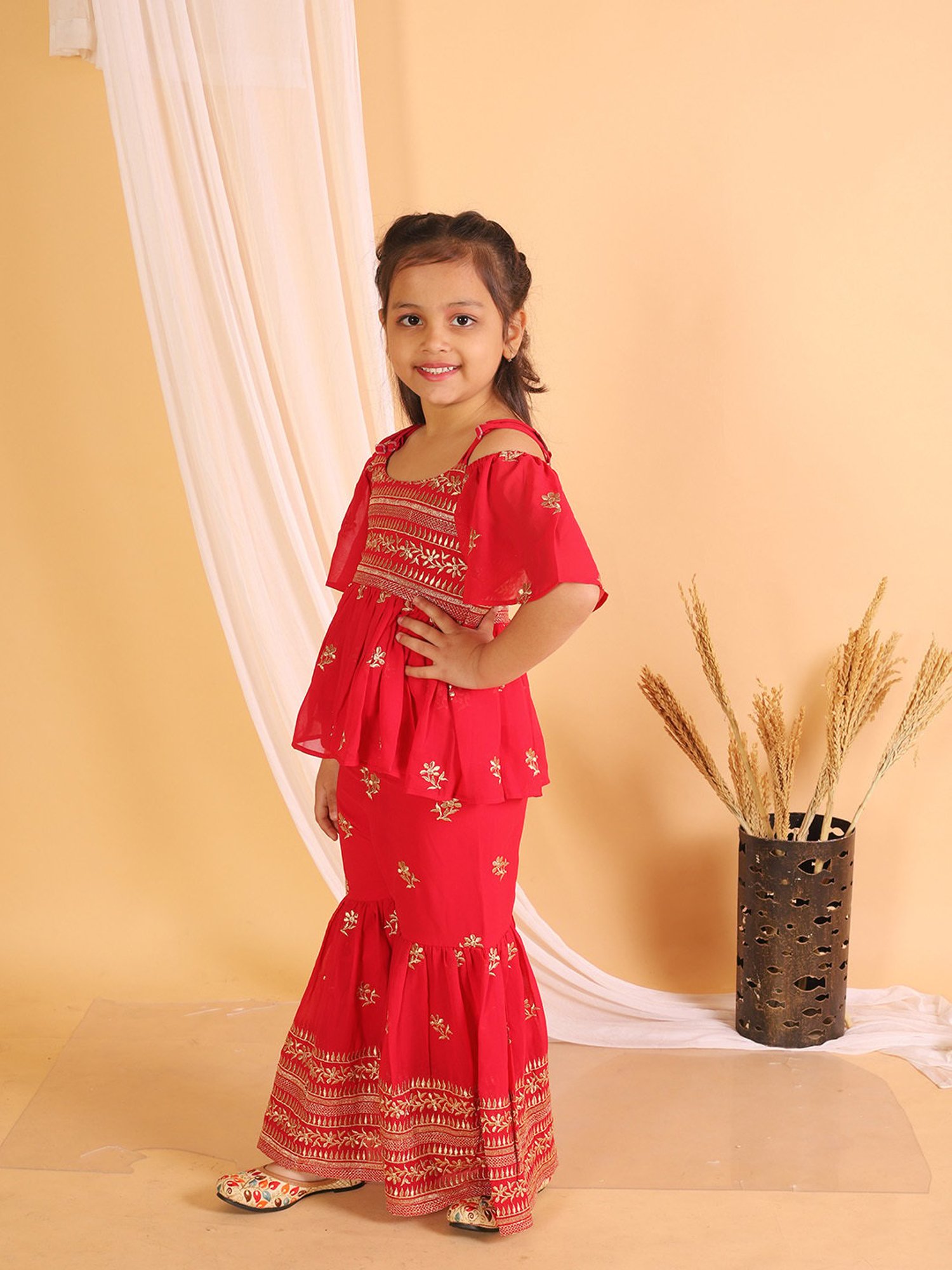 TWISHA Kids Red Embroidered Top with Sharara
