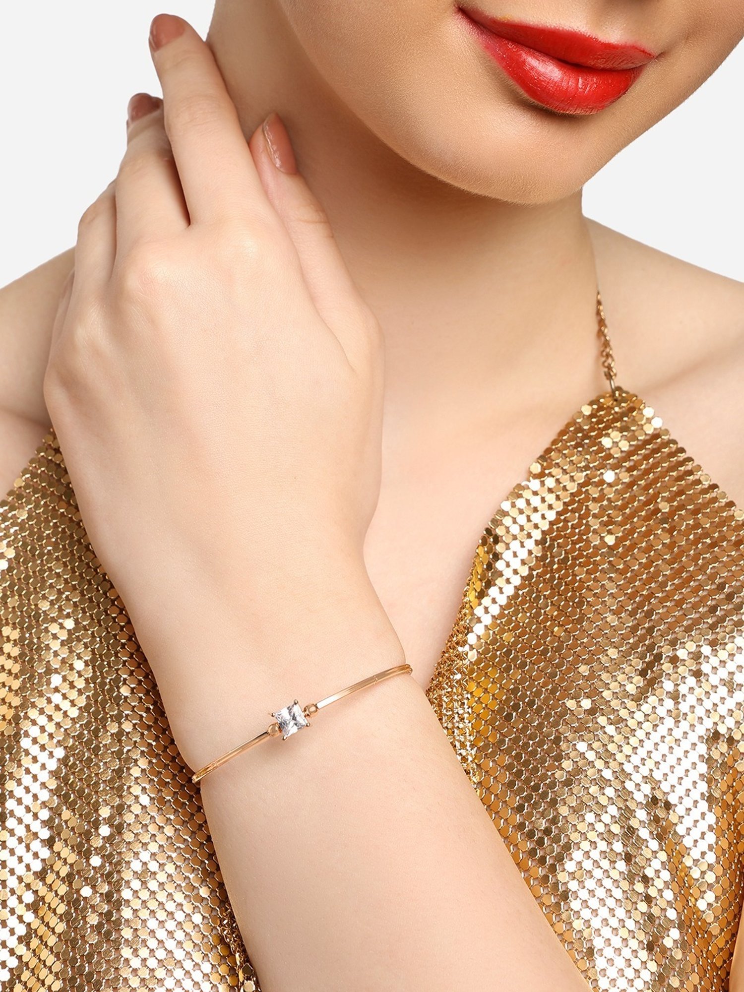 Zaveri Pearls Rose Gold Dazzling Cubic Zirconia Embellished Brass Kada Bracelet-ZPFK16898