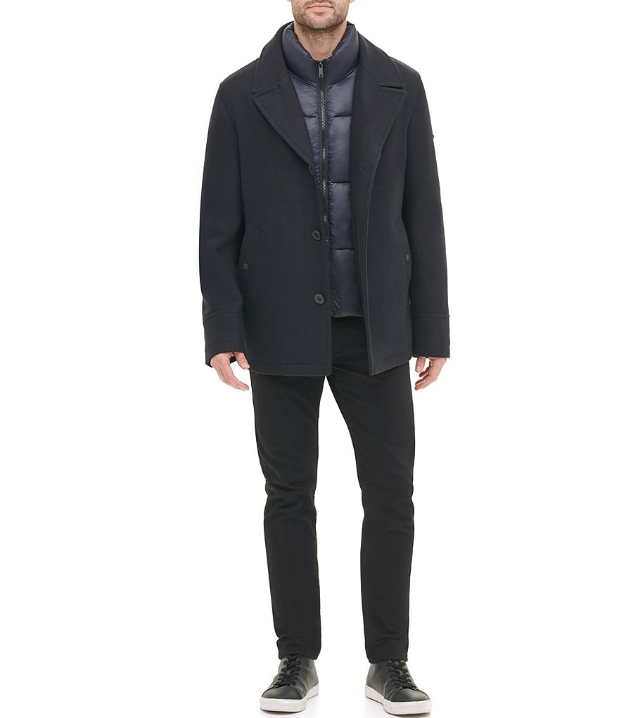 DKNY Long-Sleeve Nylon Quilted-Bib Wool-Blend Peacoat