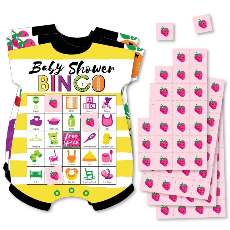 Big Dot of Happiness Tutti Fruity - Picture Bingo Cards and Markers - Frutti Summer Baby Shower Shaped Bingo Game - Set of 18