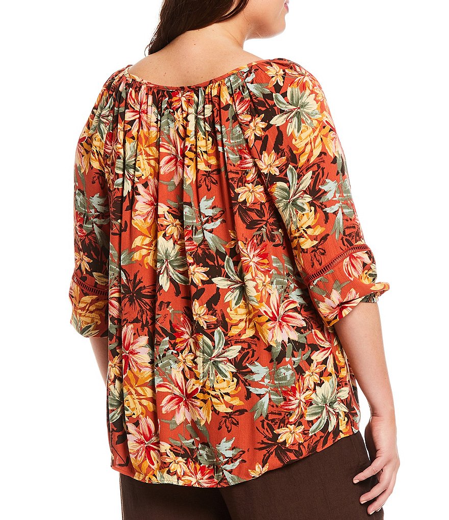 I.N. Studio Plus Size Floral Print Ladder Trim Detail Tie Spread V-Neck 3/4 Sleeve Crepon Boxy Babydoll Peasant Top