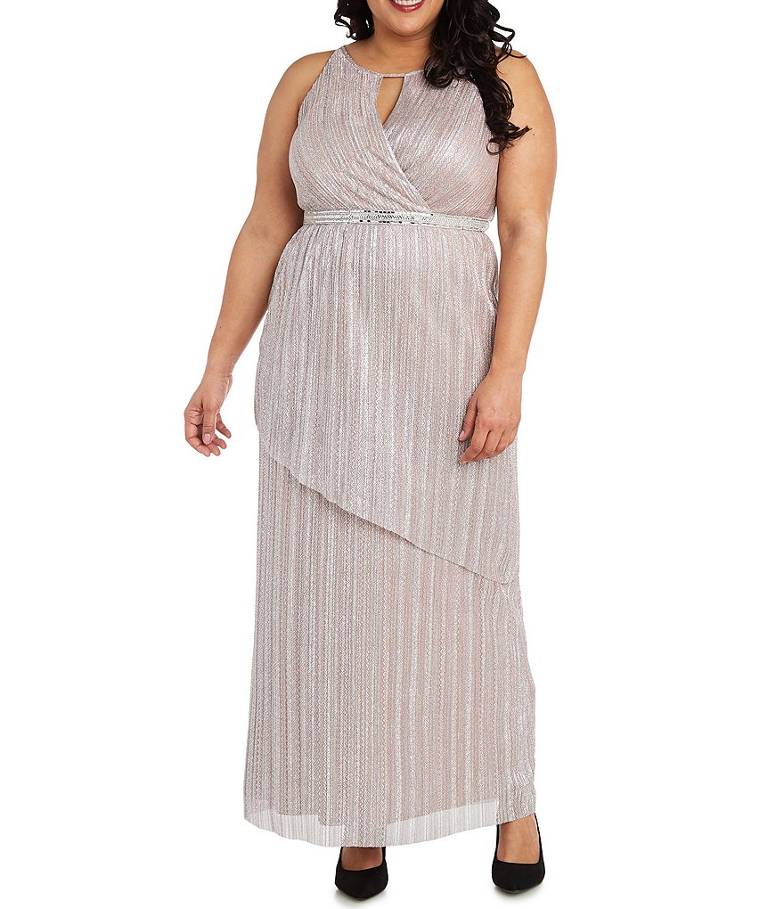 R & M Richards Plus Size Crinkle Metallic Halter Neck Sleeveless Gown